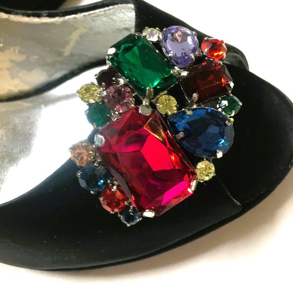 Jewel Tone Rhinestone Black Open Toe Pumps Stiletto Heels Shoes Mad Men Style - Picture 2 of 9